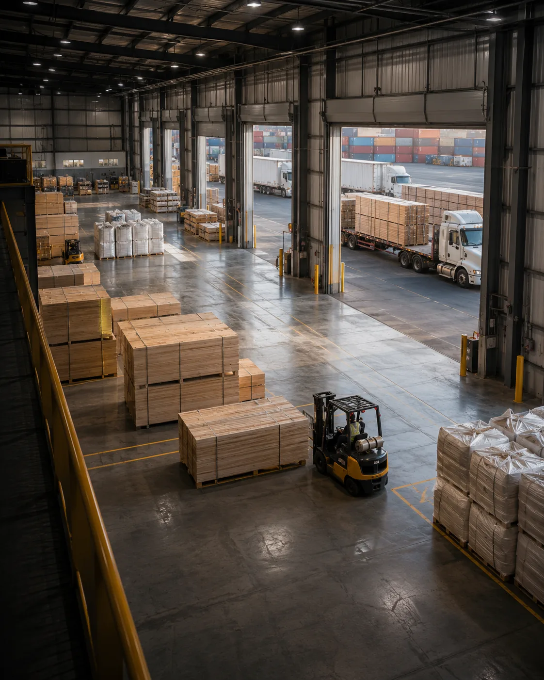 Pallets of plywood in a warehouse, coordinated by E&M Trading and Logistics